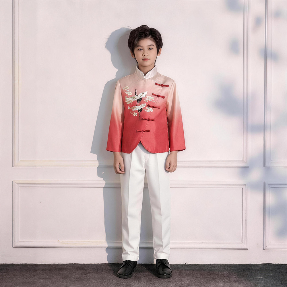 中国风儿童大合唱演出服男童红色刺绣古筝表演服中小学生传统服饰
