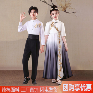 元旦男童白色衬衫黑色长裤女童礼服中式儿童演出服诗歌朗诵主持人