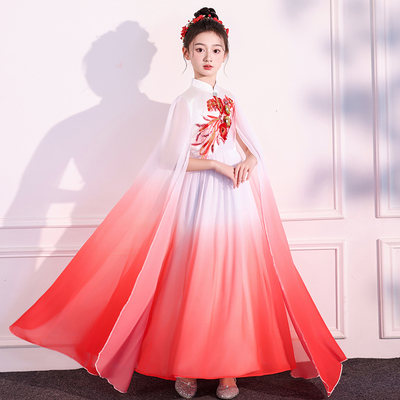 女童礼服水袖儿童国风梦幻渐变色表演服古筝表演女童合唱朗诵诗歌
