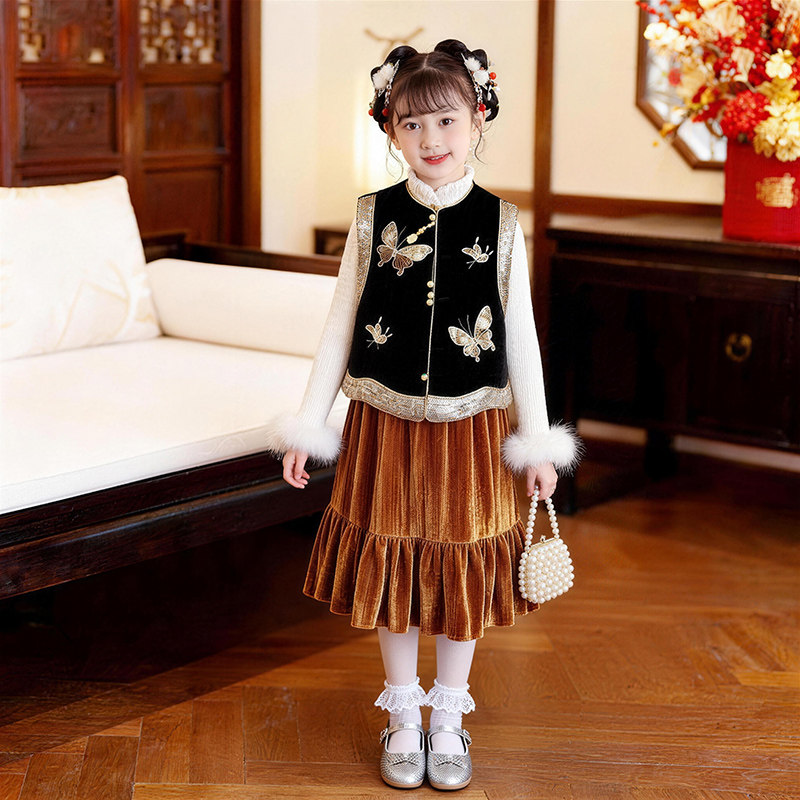 2026春新款蝴蝶女童马甲新年装马夹套装儿童背心夹棉丝绒亮片长裙,童装/婴儿装/亲子装,马甲,淘宝优惠券,粉丝福利购,淘宝优惠卷