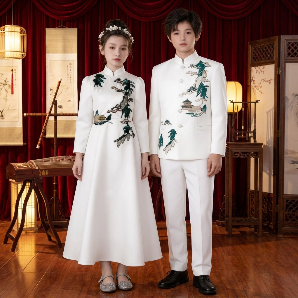 儿童古筝比赛演出服礼服女童旗袍裙合唱表演服白色艺考声乐中国风