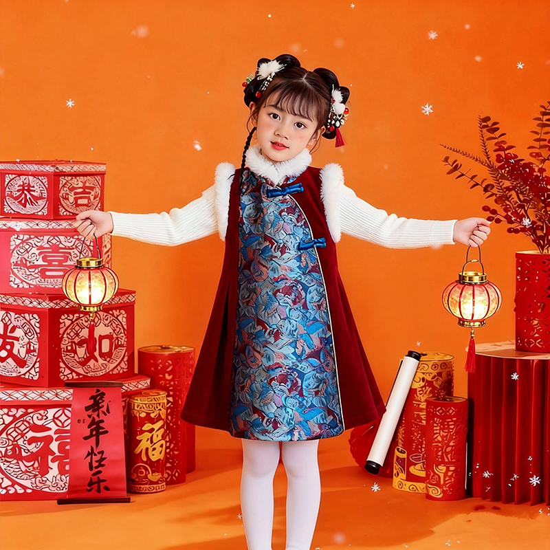 儿童新年旗袍背心裙国风拼接毛绒领连衣裙新年拜年服女童背心裙