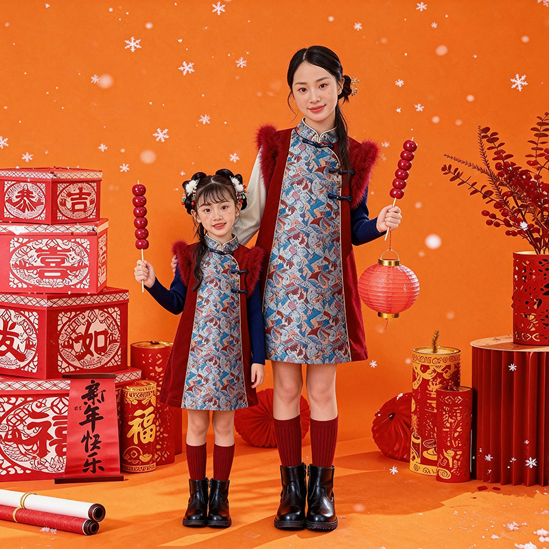儿童新年旗袍背心裙国风拼接毛绒领连衣裙新年拜年服女童背心裙