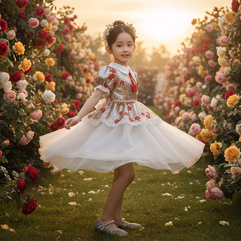 六一儿童节演出服女童蓬蓬裙亮片花朵表演服花童礼服裙钢琴演奏服