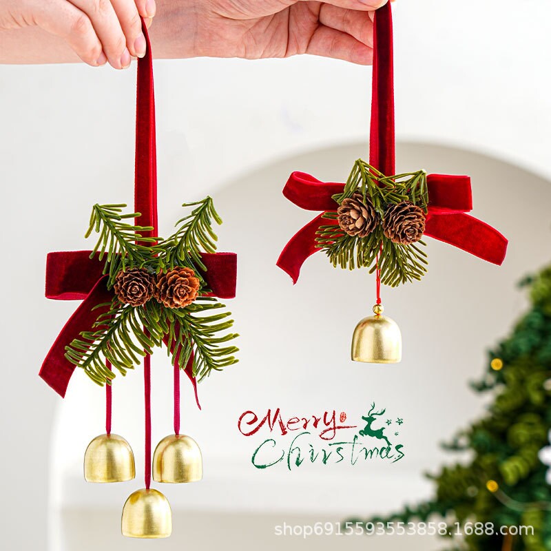 新款圣诞节鹿角铃铛门摆件装饰品红蝴蝶结吊饰圣诞树创意布置挂件