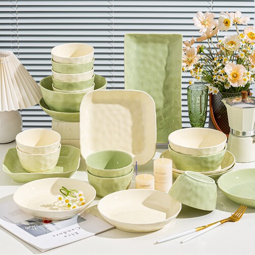 奶油风高温釉下彩2025新款创意个性石头纹陶瓷碗盘子菜盘大汤碗