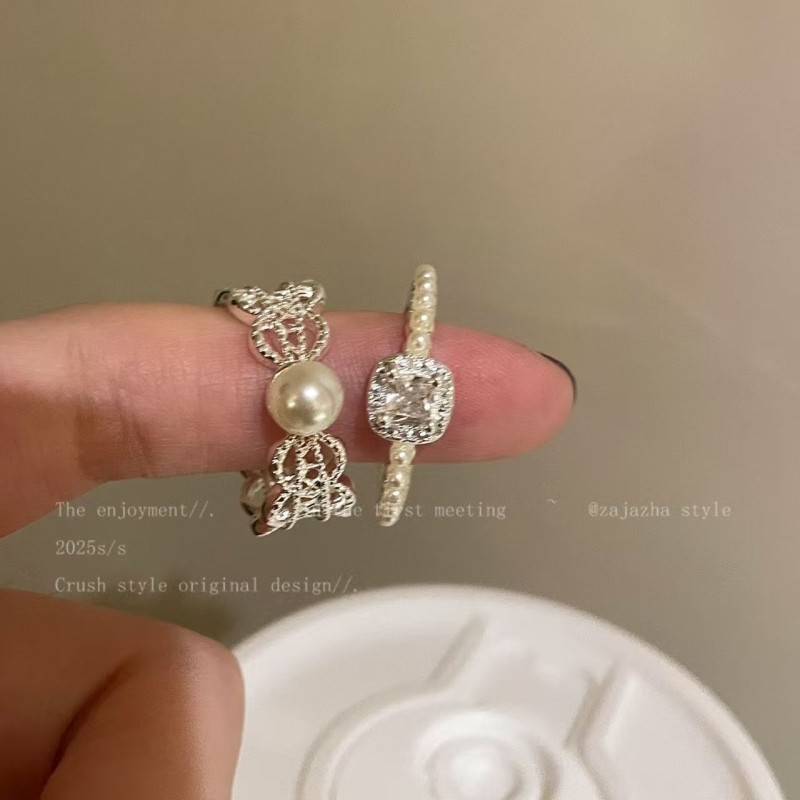 蕾丝珍珠锆石戒指女小众设计开口可调节食指戒轻奢高级感叠戴指环