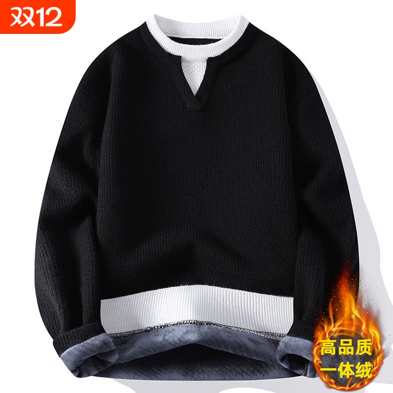 加绒保暖假两件V领毛衣针织衫秋冬爆款宽松休闲男士慵懒风上衣