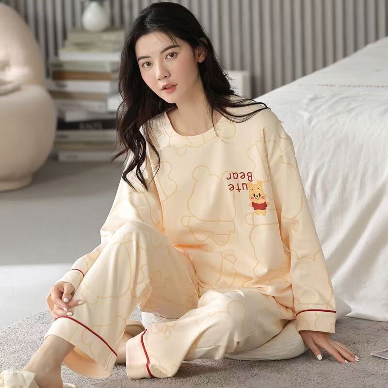 纯棉带胸垫睡衣女春秋季薄款长袖长裤家居服可外穿两件套短裤柔软