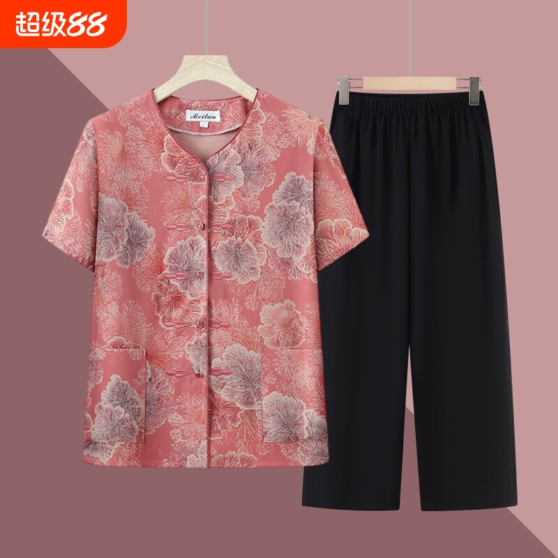 中老年人女装妈妈夏装短袖衬衫套装2026老太太老人上衣服红色薄款