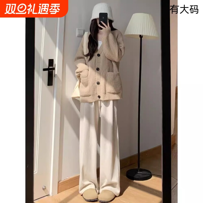 白色裤女秋冬2025年新款休闲加绒阔腿裤春秋加长黑色小个子灰色