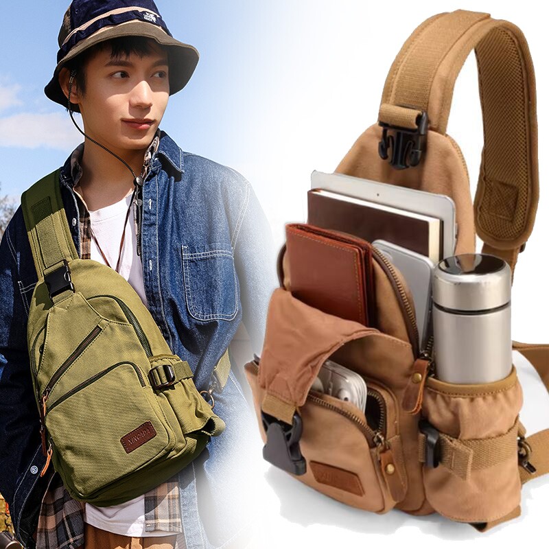 大容量胸前包男帆布单肩斜挎包多功能胸包边袋放水杯时尚潮流腰包