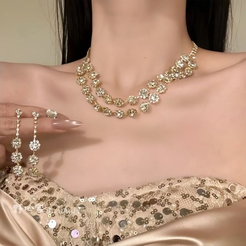 香槟爆闪满钻项链新款轻奢气质晚宴舞会choker锁骨链套装闪钻花