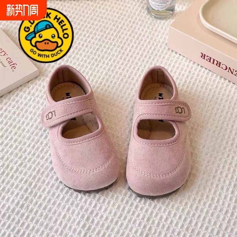 小黄鸭真皮春秋女童泡芙鞋法式玛丽珍皮鞋软底单鞋公主粉色魔术贴