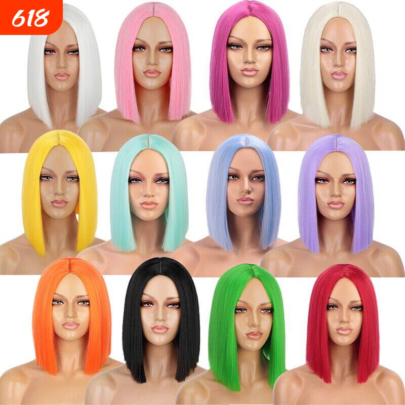 欧美假发 女中分bobo头齐肩锁骨发 中长款彩色直发全头套wigs hai