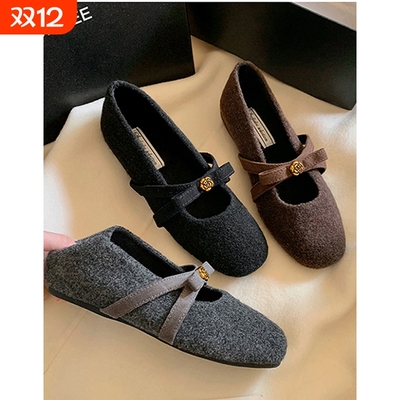 羊绒版~山茶花内增高5cm毛毛玛丽珍鞋子女秋冬加绒蝴蝶结单鞋平底