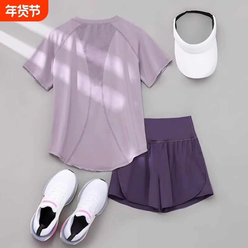 瑜伽服运动套装女跑步短袖2025新款透气夏季薄款晨跑服显瘦健身衣