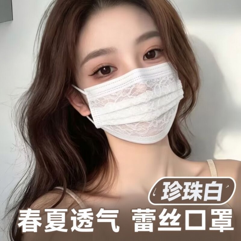 夏季女网纱口罩2026新款薄款防晒防尘透气蕾丝一次性超薄纱布餐饮图片