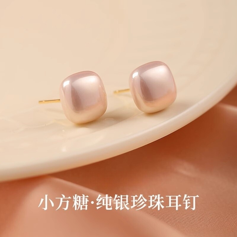 S925纯银针小方糖耳钉女2025新款爆款气质珍珠耳饰高级感方形