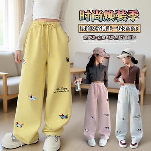 女童加绒裤子2025新款运动裤儿童阔腿裤加厚洋气条纹时髦粉色灰色
