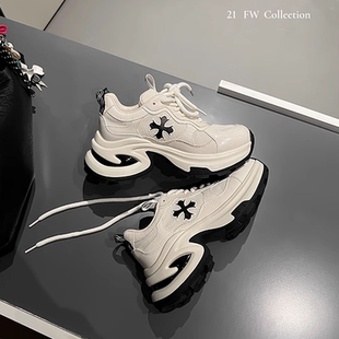 跑步鞋 小个增高7.5cm休闲鞋 女2025秋冬新款 韩国十字花厚底老爹鞋