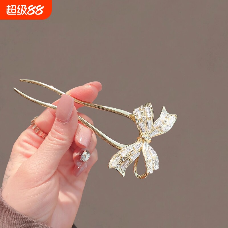 蝴蝶结发簪女高档锆石金色u型发钗2024新款后脑勺盘发器日常簪子