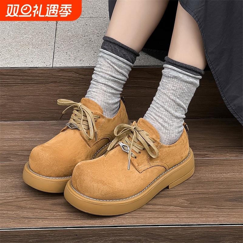 大头德比鞋男百搭加绒休闲皮鞋厚底低帮大黄靴男女情侣款工装圆头