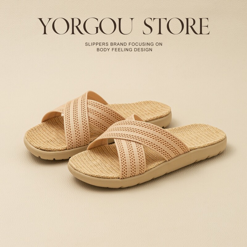 远港新款居家布艺交叉亚麻凉拖鞋夏季女室内防滑透气地板吸汗抗菌
