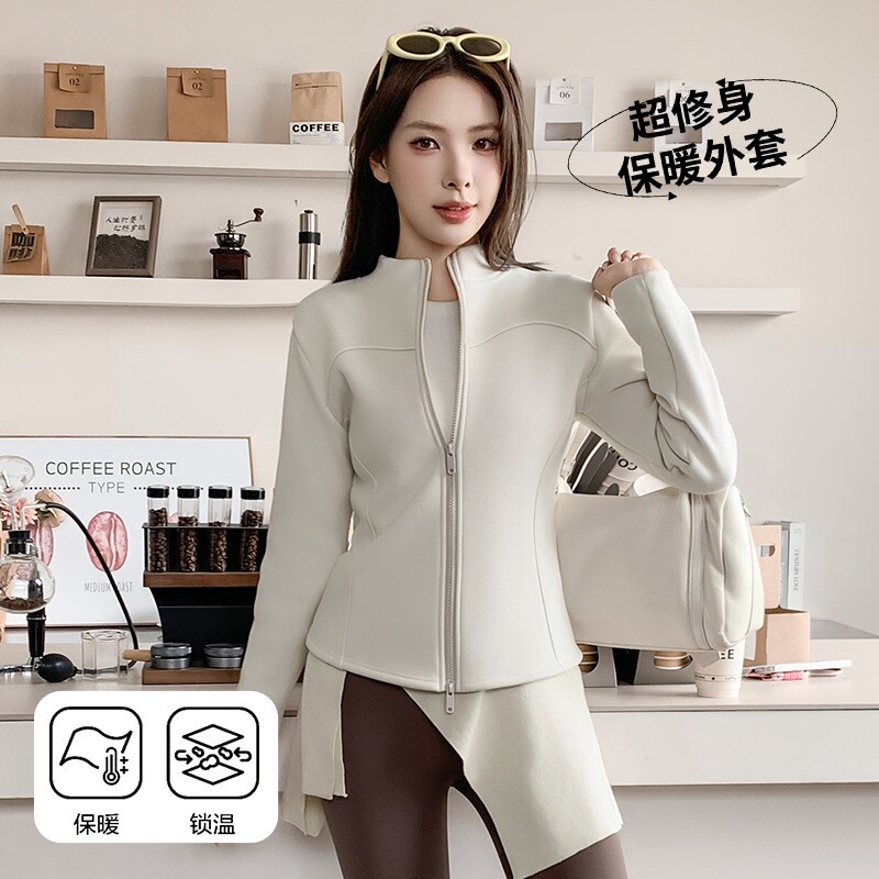 加绒瑜伽服女秋季休闲修身收腰立领加厚运动外套长袖拉链保暖上衣