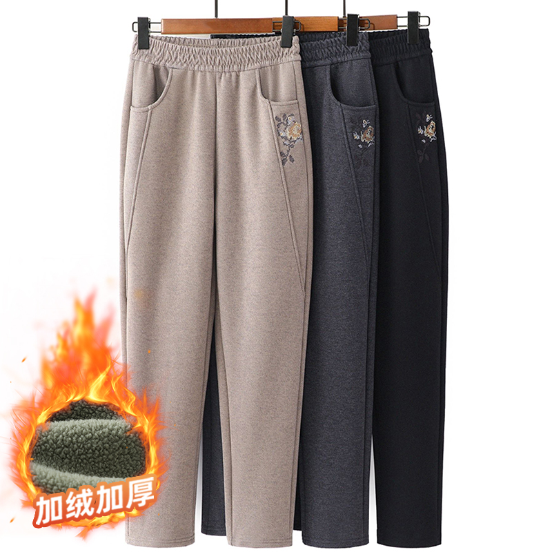 妈妈秋冬款裤子中老年人女款加绒加厚老人奶奶松紧腰休闲裤灰色