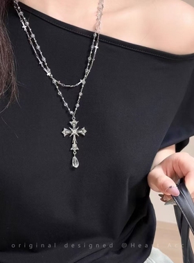 哥特辣妹!双层叠戴锆石十字架项链女甜酷y2k锁骨链长款配饰酷风