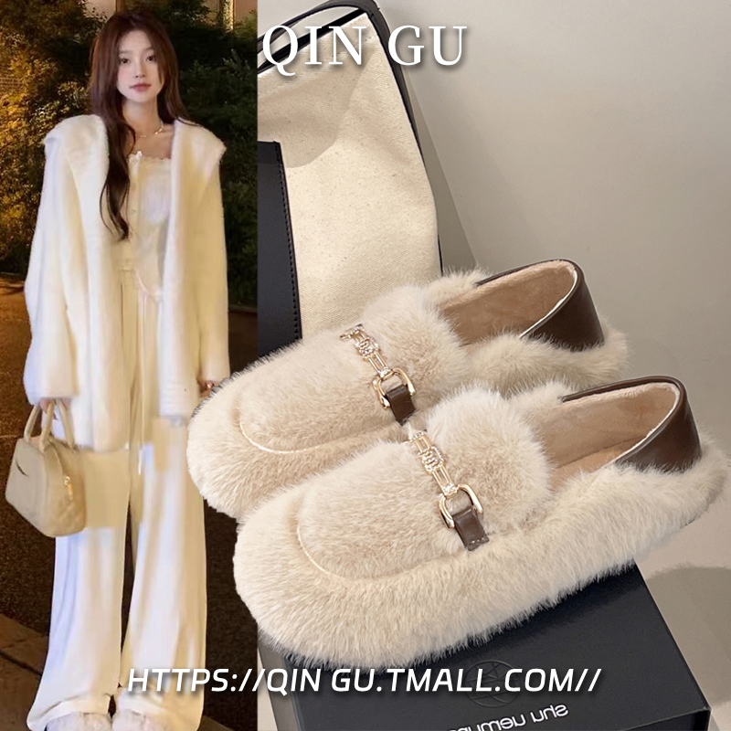 法式白色毛毛鞋女外穿2025新款秋冬季一脚蹬乐福单鞋水貂毛绒棉鞋