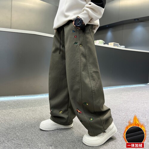 儿童装男童冬季一体加绒裤子2025新款中大童秋冬款加厚弯刀运动裤