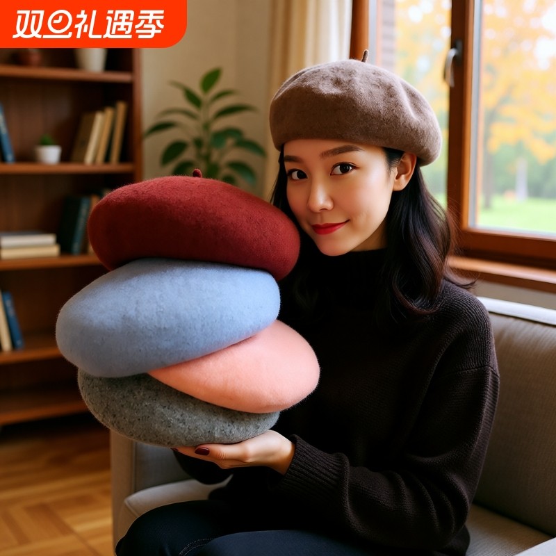 大头围贝雷帽子女秋冬韩版报童帽文艺复古羊毛纯色毛呢百搭画家帽