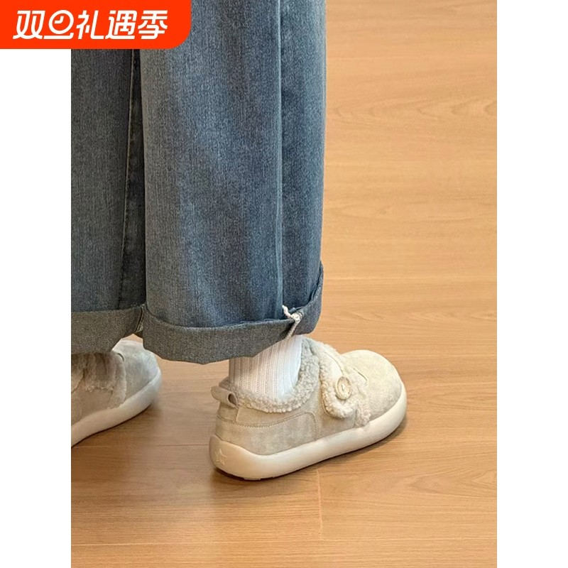 巨好看雪地靴女款2025冬季女鞋子加绒勃肯棉鞋保暖面包鞋平底灰色