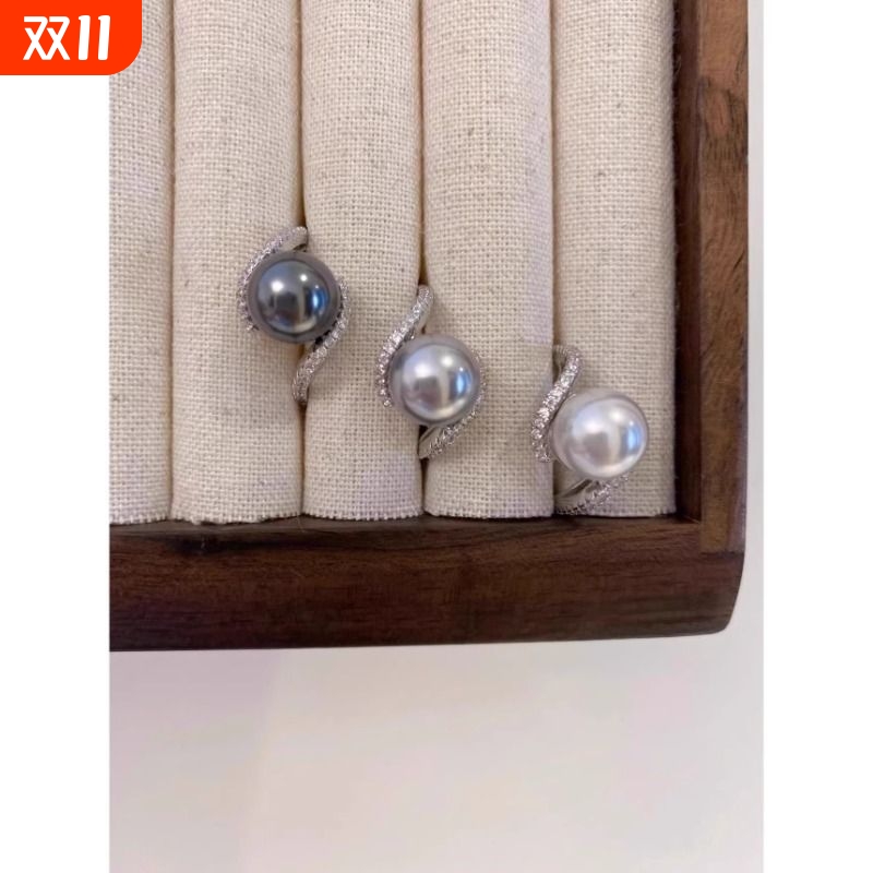 夏季轻奢闪钻交叉可调节纯银戒指单颗珍珠大溪地黑高级感指环澳白