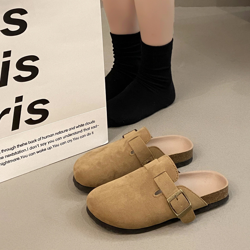 韩版包头半拖鞋圆头厚底勃肯鞋2025新款外穿懒人百搭毛毛鞋子单鞋
