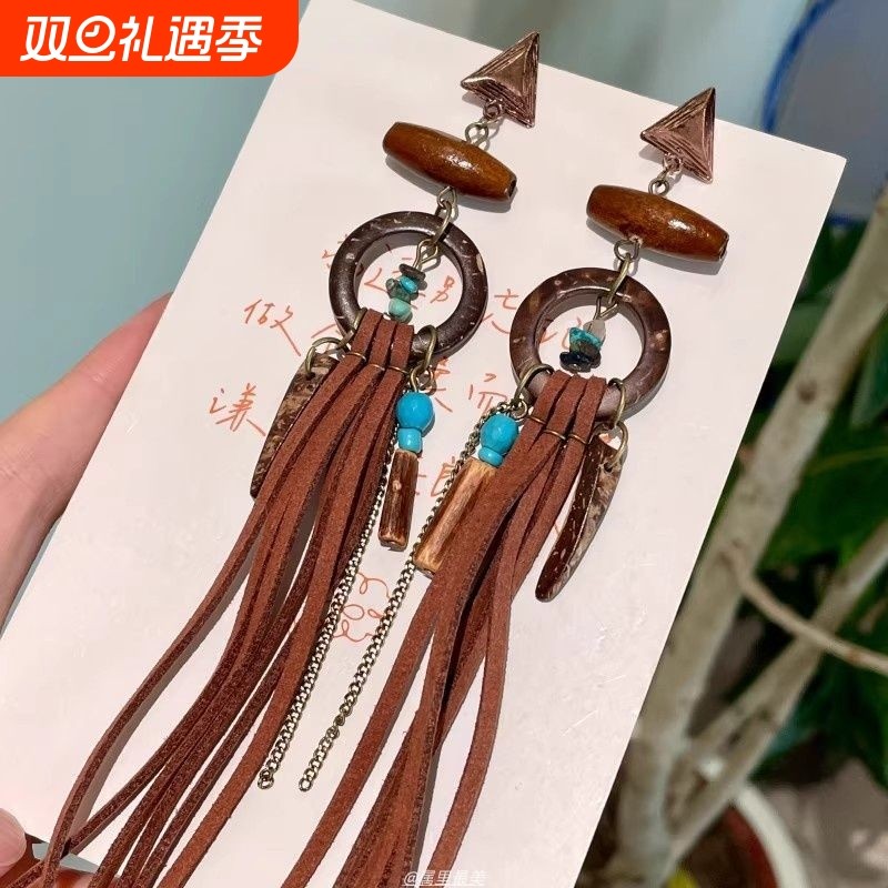 手作复古部落风天然木质皮绳流苏耳环木头串珠耳钉小众名族风水滴