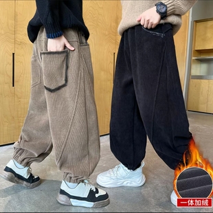 男童裤子一体绒加冬季儿童条绒长裤绒2026秋冬中大童加厚加绒咖色