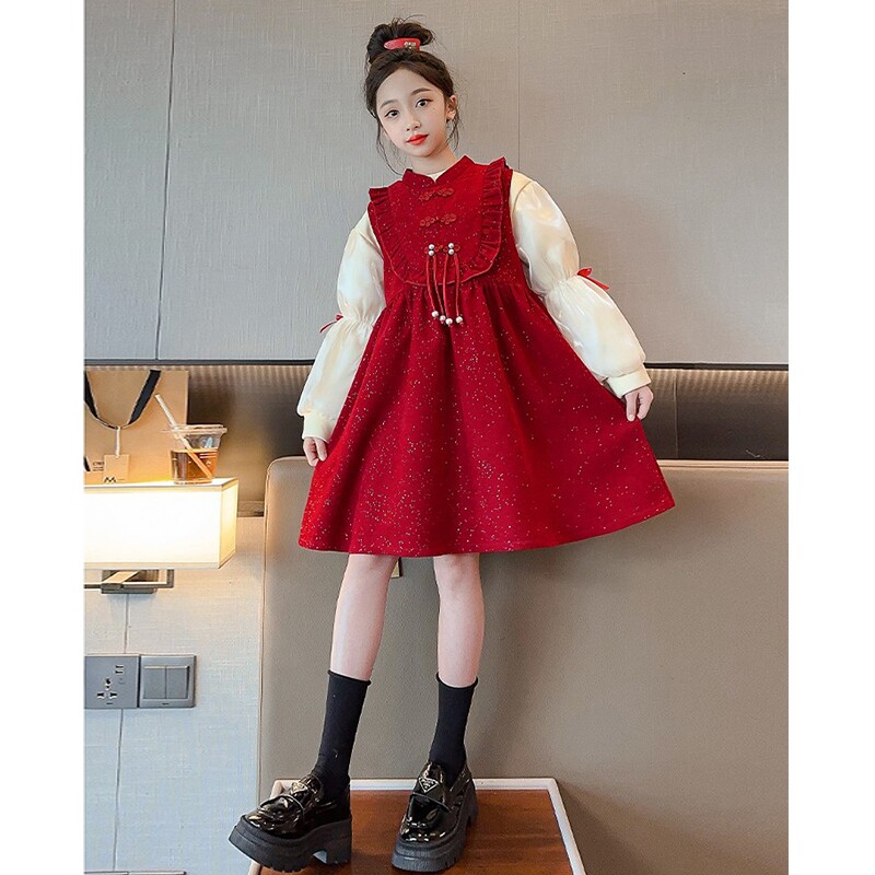 女童连衣裙秋冬背心裙套装洋气儿童中国风盘扣红色新年拜年服裙子