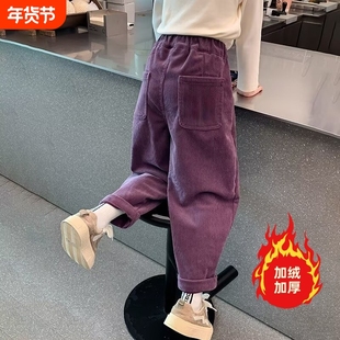 女童裤子加绒秋冬2025新款儿童加厚女孩春秋卫裤流行格子红色棕色