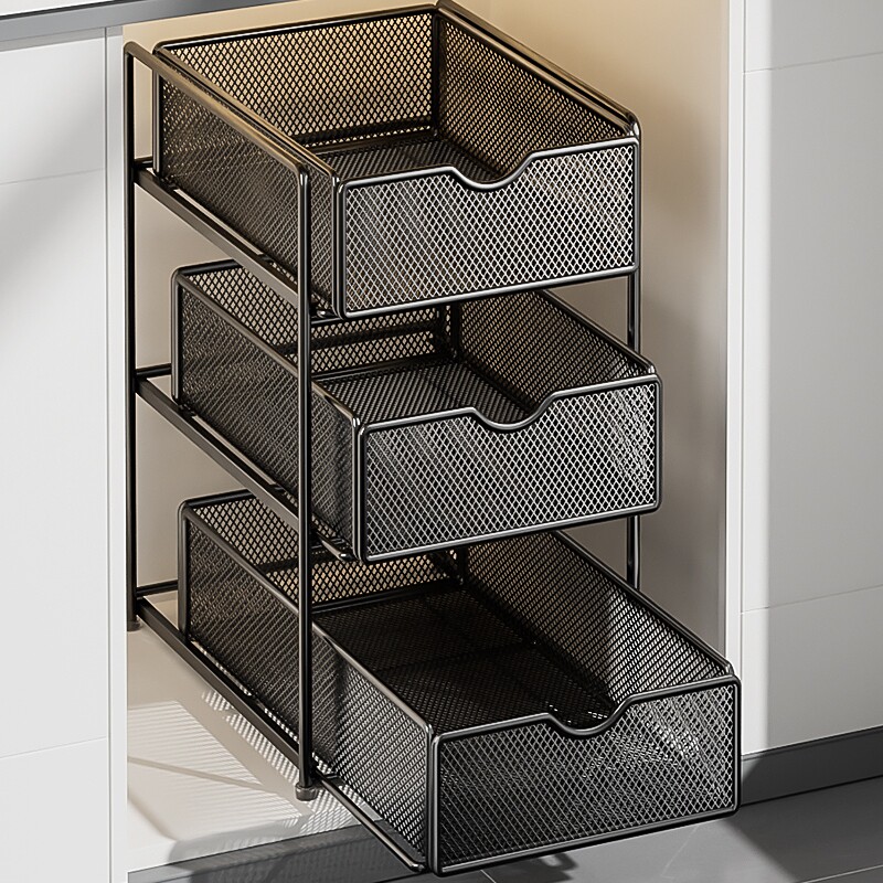 厨房抽拉式置物架下水槽双层橱柜内分层拉篮收纳神器三层台面