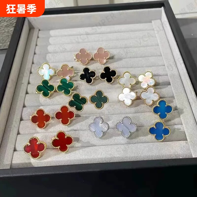高级感四叶草耳扣纯银镀18k黑玛瑙红玉髓耳环耳钉耳拍紫玉髓贝母