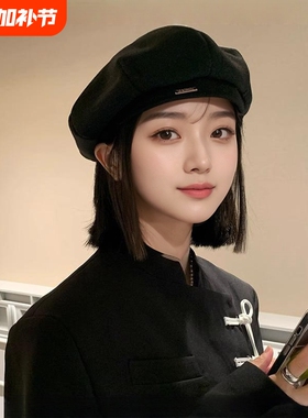 黑色贝雷帽女春夏2025新款显脸小蓓蕾帽八角帽时尚画家帽洋气帽子