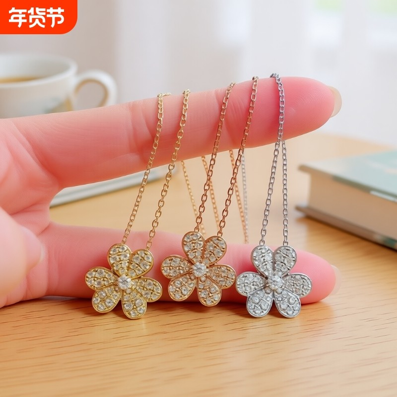 S925纯银满钻三叶草项链幸运草花瓣国产莫桑石锁骨链时尚简约吊坠