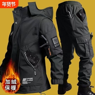 男士秋冬冲锋衣加绒套装抗磨防水抗寒冲锋衣男女同款软壳作战服