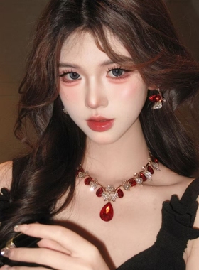 高级感重工复古红色闪钻项链耳环女轻奢高级感水钻树叶宴会锁骨链