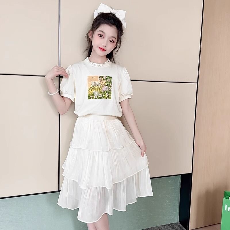 女童夏季套装2026新款夏装女孩纯色短袖Tt恤儿童半身蛋糕裙子套