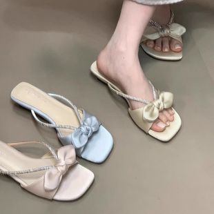 法式 凉拖鞋 女夏外穿2025新款 蝴蝶结水钻带甜美仙女风方头一字凉鞋