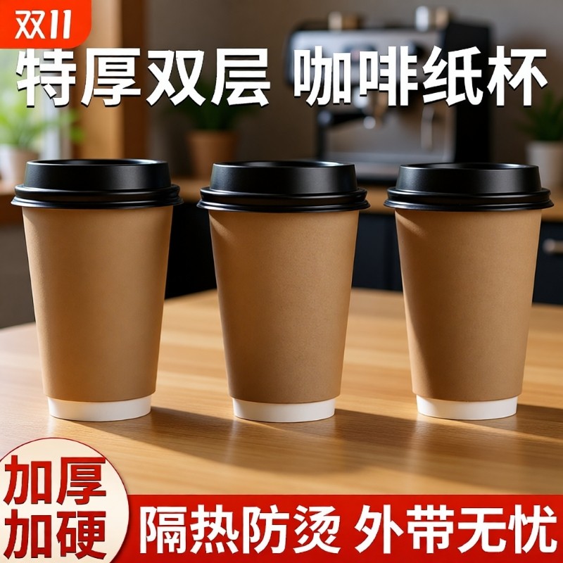 一次性咖啡纸杯子带盖双层加厚耐热牛皮奶茶杯热饮外卖打包商用杯
